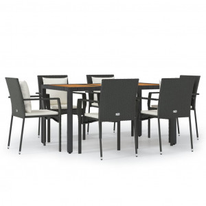 7 pcs conjunto de jantar p/ jardim c/ almofadões vime PE preto H