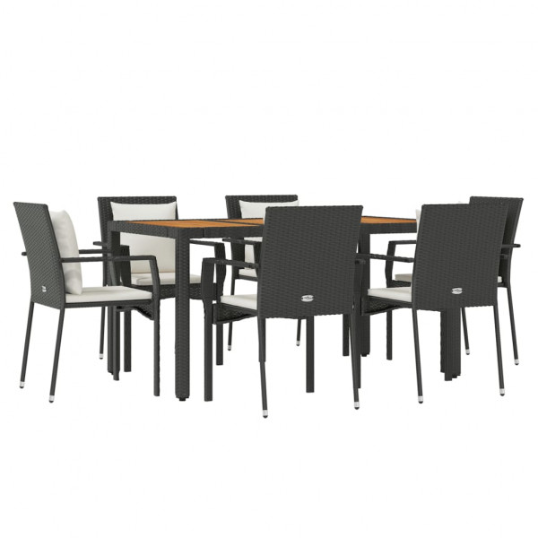 7 pcs conjunto de jantar p/ jardim c/ almofadões vime PE preto M 3