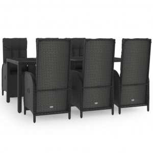 7 pcs conjunto de jantar p/ jardim c/ almofadões vime PE preto H