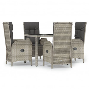 5 pcs conjunto de jantar p/ jardim c/ almofadões vime PE cinza H