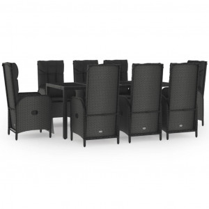 9 pcs conjunto jantar jardim c/ almofadões vime PE preto/cinza H