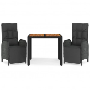3 pcs conjunto de jantar p/ jardim c/ almofadões vime PE preto H
