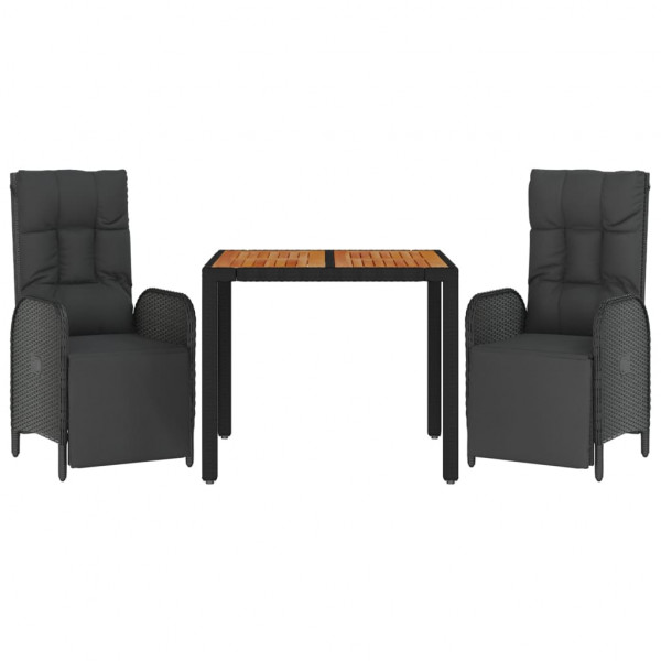 3 pcs conjunto de jantar p/ jardim c/ almofadões vime PE preto M 3