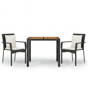3 pcs conjunto de jantar p/ jardim c/ almofadões vime PE preto H