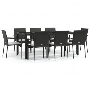 9 pcs conjunto de jantar p/ jardim c/ almofadões vime PE preto H