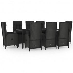 9 pcs conjunto de jantar p/ jardim c/ almofadões vime PE preto H