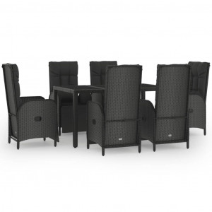7 pcs conjunto jantar jardim c/ almofadões vime PE preto/cinza H