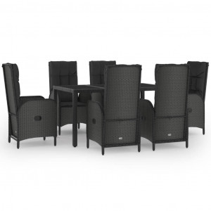 7 pcs conjunto jantar jardim c/ almofadões vime PE preto/cinza H