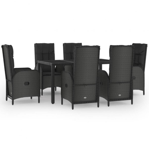 7 pcs conjunto jantar jardim c/ almofadões vime PE preto/cinza M 2