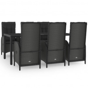 7 pcs conjunto jantar jardim c/ almofadões vime PE preto/cinza H
