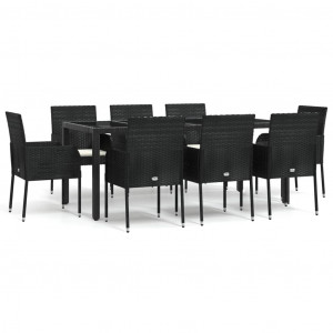 9 pcs conjunto de jantar p/ jardim c/ almofadões vime PE preto H
