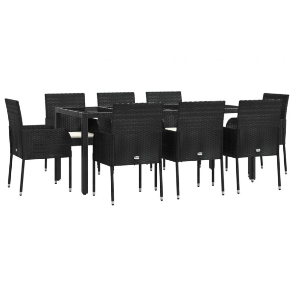 9 pcs conjunto de jantar p/ jardim c/ almofadões vime PE preto M 3