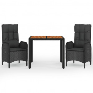 3 pcs conjunto de jantar p/ jardim c/ almofadões vime PE preto H