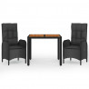 Set comedor de jardín 3 pzas con cojines ratán sintético negro 2
