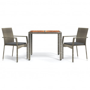 3 pcs conjunto de jantar p/ jardim c/ almofadões vime PE cinza H
