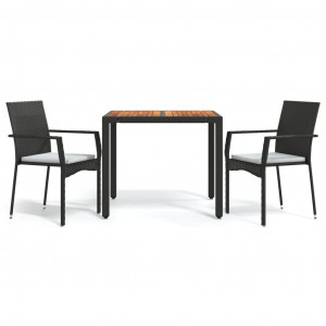 3 pcs conjunto de jantar p/ jardim c/ almofadões vime PE preto H