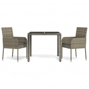 3 pcs conjunto de jantar p/ jardim c/ almofadões vime PE cinza H