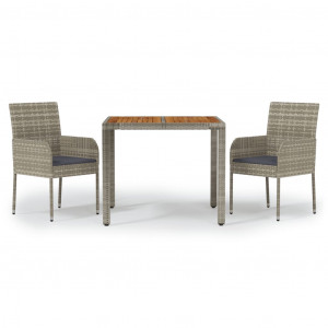 3 pcs conjunto de jantar p/ jardim c/ almofadões vime PE cinza H