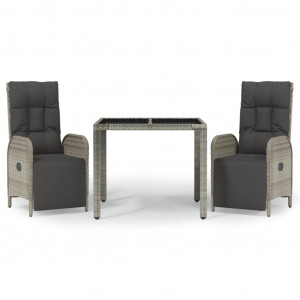 3 pcs conjunto de jantar p/ jardim c/ almofadões vime PE cinza H