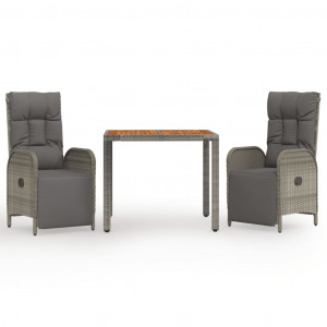 3 pcs conjunto de jantar p/ jardim c/ almofadões vime PE cinza H