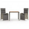 3 pcs conjunto de jantar p/ jardim c/ almofadões vime PE cinza 2