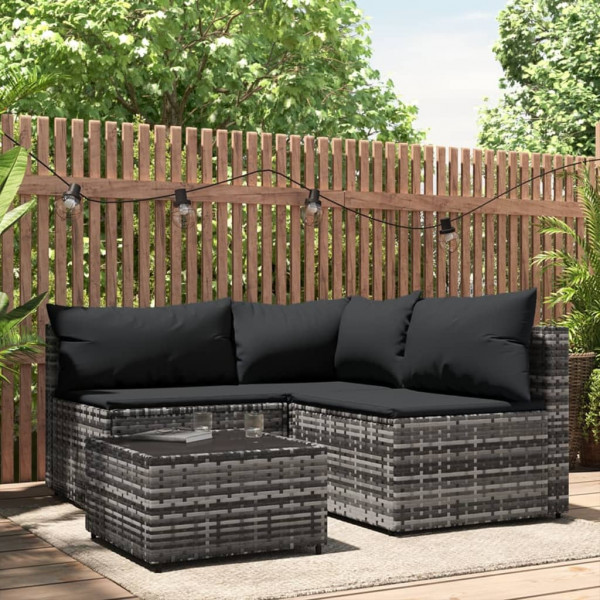 4 pcs conjunto lounge de jardim c/ almofadões vime PE cinzento D