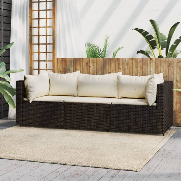 3 pcs conjunto lounge jardim c/ almofadões vime PE castanho D