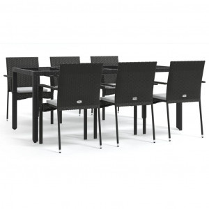 Set de comedor de jardín 7 pzas y cojines ratán sintético negro H