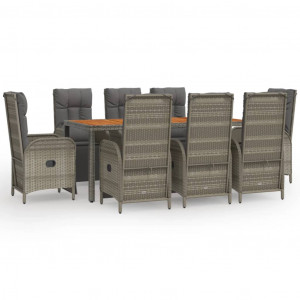 9 pcs conjunto de jantar p/ jardim c/ almofadões vime PE cinza H