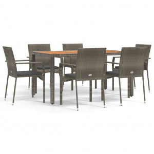 7 pcs conjunto de jantar p/ jardim c/ almofadões vime PE cinza H