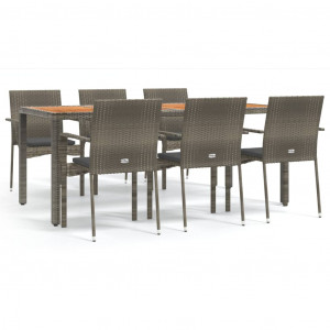 7 pcs conjunto de jantar p/ jardim c/ almofadões vime PE cinza H