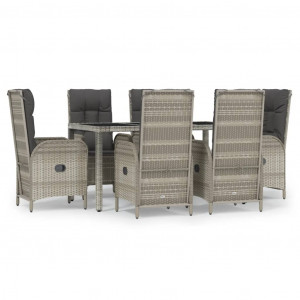 7 pcs conjunto de jantar p/ jardim c/ almofadões vime PE cinza H