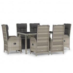 7 pcs conjunto de jantar p/ jardim c/ almofadões vime PE cinza H