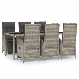 7 pcs conjunto de jantar p/ jardim c/ almofadões vime PE cinza H