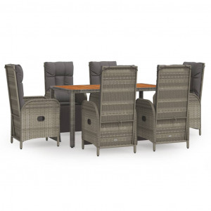 7 pcs conjunto de jantar p/ jardim c/ almofadões vime PE cinza H