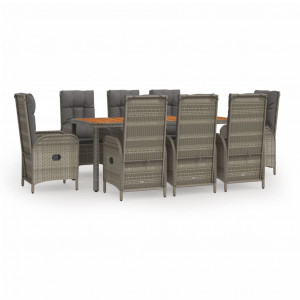 9 pcs conjunto de jantar p/ jardim c/ almofadões vime PE cinza H