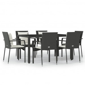 7 pcs conjunto de jantar p/ jardim c/ almofadões vime PE preto H