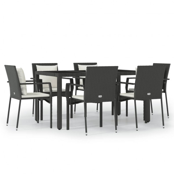 7 pcs conjunto de jantar p/ jardim c/ almofadões vime PE preto M 2