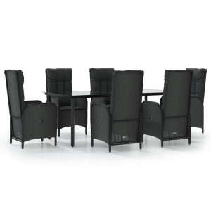7 pcs conjunto de jantar p/ jardim c/ almofadões vime PE preto H
