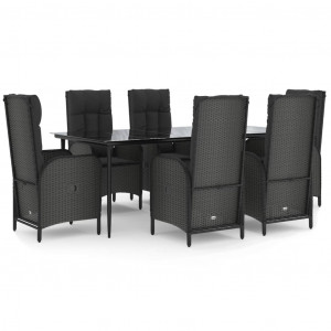 7 pcs conjunto de jantar p/ jardim c/ almofadões vime PE preto H