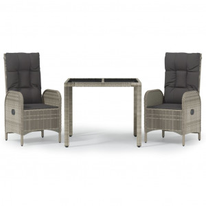 Set comedor de jardín 3 piezas con cojines ratán sintético gris H