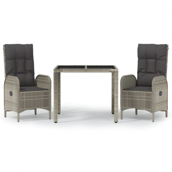 Set comedor de jardín 3 piezas con cojines ratán sintético gris M 2