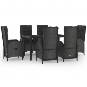 7 pcs conjunto de jantar p/ jardim c/ almofadões vime PE preto H