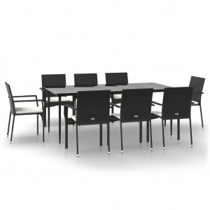 9 pcs conjunto de jantar p/ jardim c/ almofadões vime PE preto H