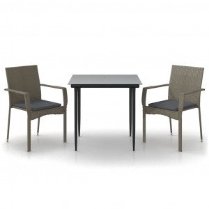 3 pcs conj. jantar p/ jardim c/ almofadões vime PE preto/cinza H