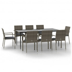 9 pcs conjunto jantar jardim c/ almofadões vime PE preto/cinza H