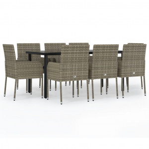 9 pcs conjunto jantar jardim c/ almofadões vime PE preto/cinza H