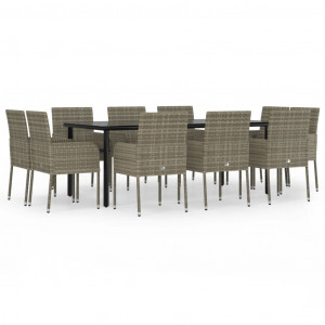 11 pcs conjunto jantar jardim c/ almofadões vime PE preto/cinza H