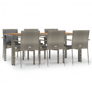 7 pcs conjunto de jantar p/ jardim c/ almofadões vime PE cinza H