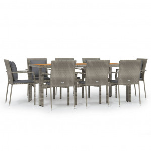 9 pcs conjunto de jantar p/ jardim c/ almofadões vime PE cinza H